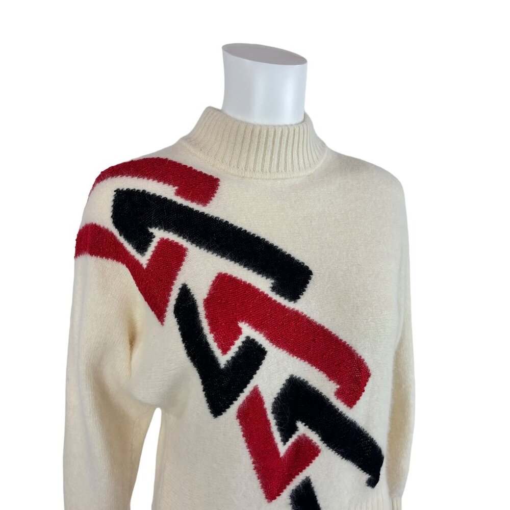 Vintage 80s Wool Sweater Women's Medium Angora Geometric Red Black Cream - Picture 3 of 9